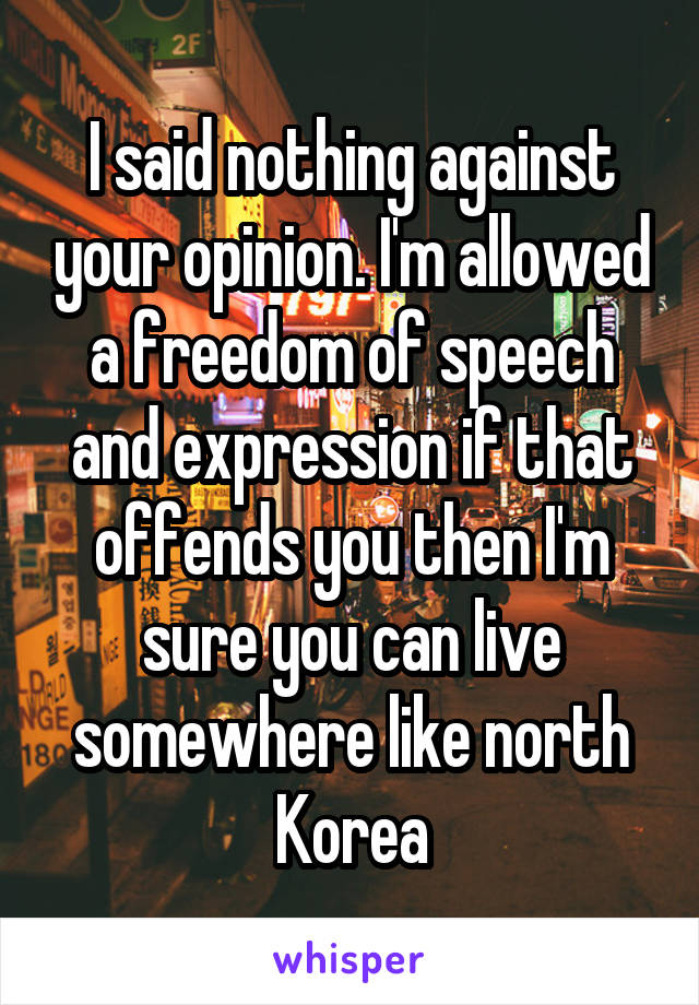 I said nothing against your opinion. I'm allowed a freedom of speech and expression if that offends you then I'm sure you can live somewhere like north Korea