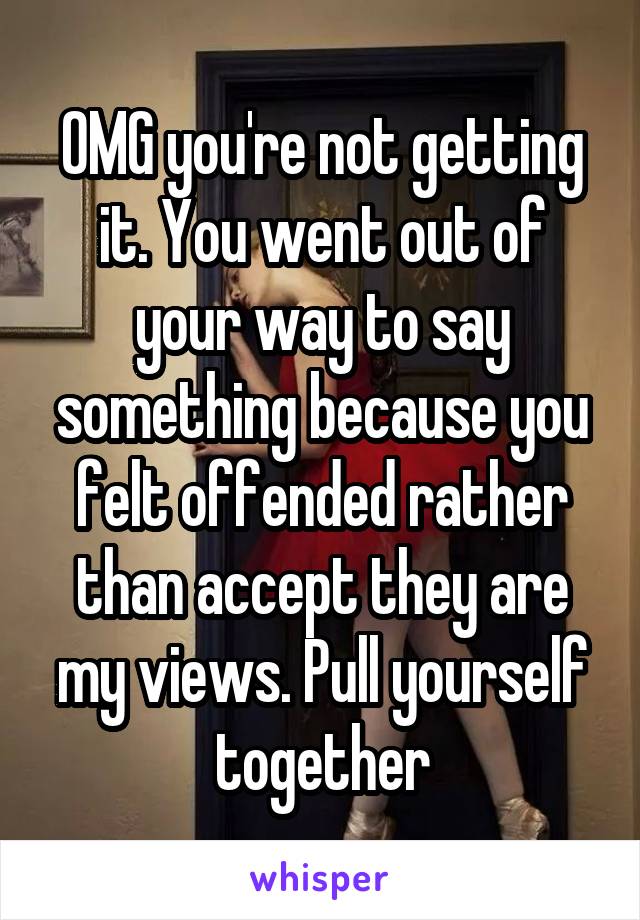 OMG you're not getting it. You went out of your way to say something because you felt offended rather than accept they are my views. Pull yourself together