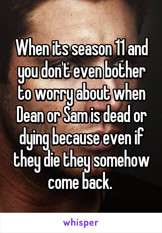 When its season 11 and you don't even bother to worry about when Dean or Sam is dead or dying because even if they die they somehow come back. 