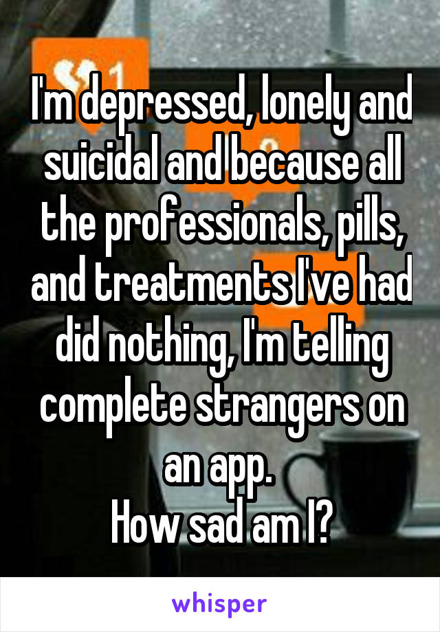 I'm depressed, lonely and suicidal and because all the professionals, pills, and treatments I've had did nothing, I'm telling complete strangers on an app. 
How sad am I?