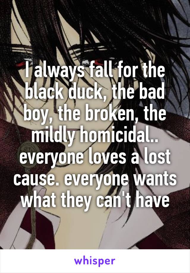 I always fall for the black duck, the bad boy, the broken, the mildly homicidal.. everyone loves a lost cause. everyone wants what they can't have