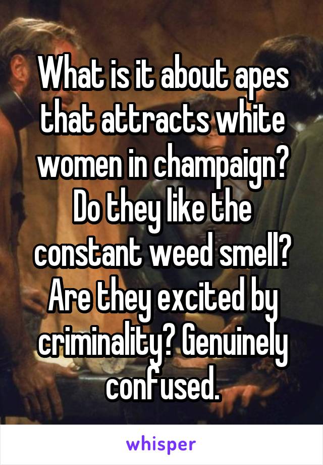 What is it about apes that attracts white women in champaign? Do they like the constant weed smell? Are they excited by criminality? Genuinely confused.