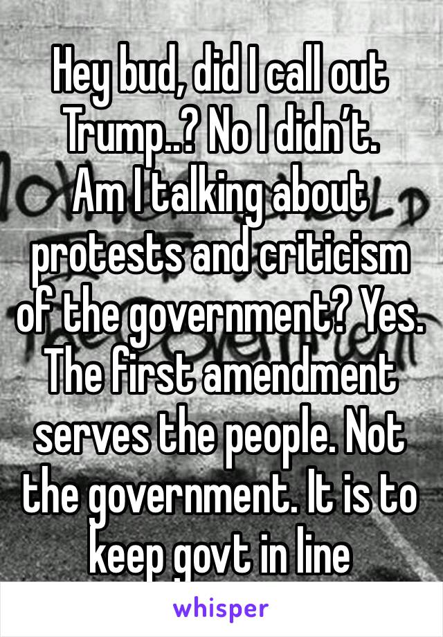 Hey bud, did I call out Trump..? No I didn’t. 
Am I talking about protests and criticism of the government? Yes. 
The first amendment serves the people. Not the government. It is to keep govt in line