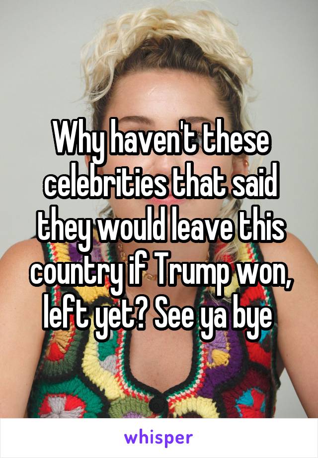 Why haven't these celebrities that said they would leave this country if Trump won, left yet? See ya bye 