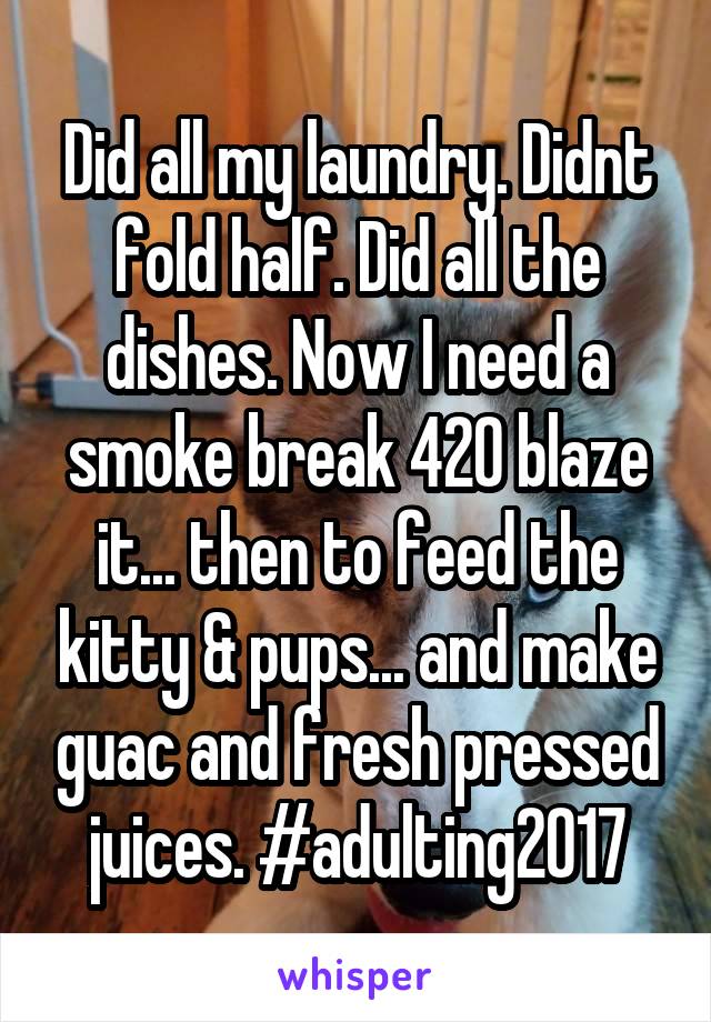 Did all my laundry. Didnt fold half. Did all the dishes. Now I need a smoke break 420 blaze it... then to feed the kitty & pups... and make guac and fresh pressed juices. #adulting2017