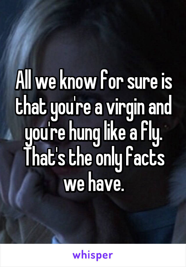 All we know for sure is that you're a virgin and you're hung like a fly. That's the only facts we have.