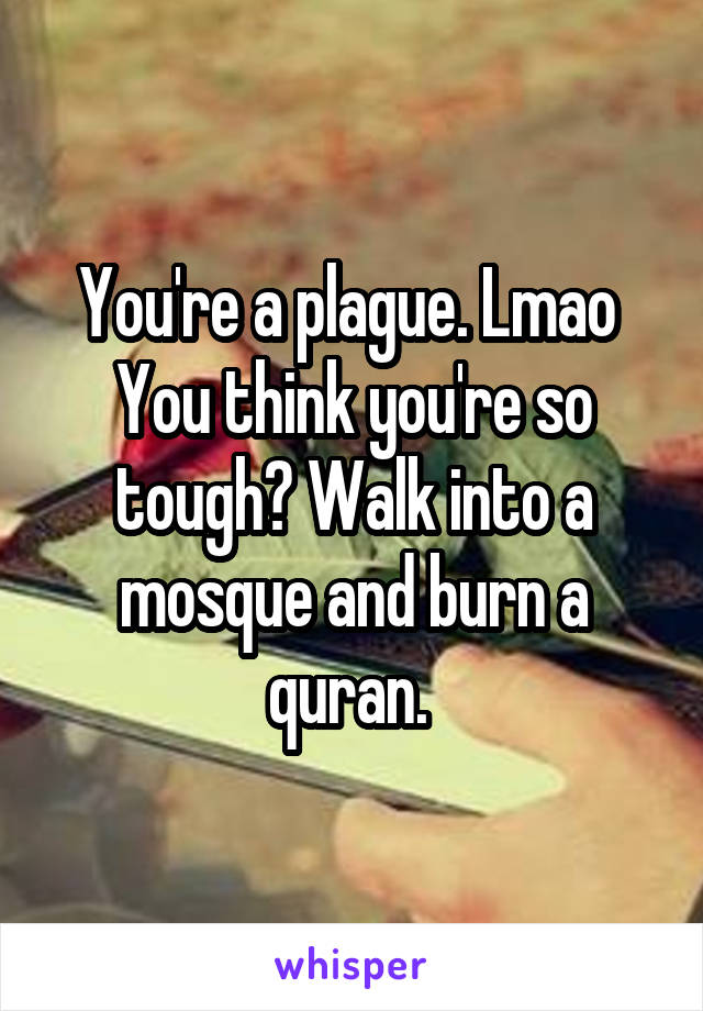 You're a plague. Lmao 
You think you're so tough? Walk into a mosque and burn a quran. 