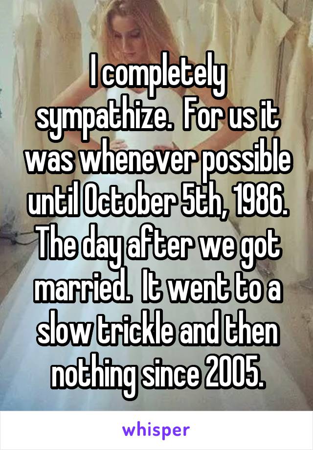 I completely sympathize.  For us it was whenever possible until October 5th, 1986. The day after we got married.  It went to a slow trickle and then nothing since 2005.