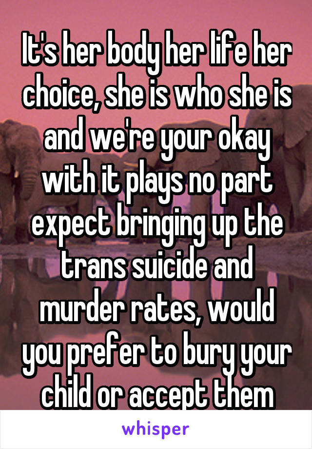 It's her body her life her choice, she is who she is and we're your okay with it plays no part expect bringing up the trans suicide and murder rates, would you prefer to bury your child or accept them