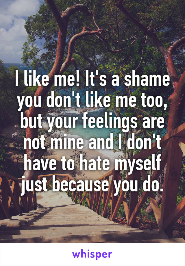 I like me! It's a shame you don't like me too, but your feelings are not mine and I don't have to hate myself just because you do.