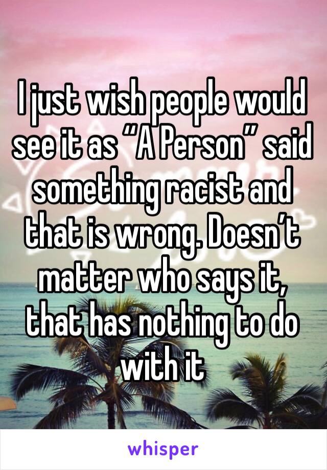 I just wish people would see it as “A Person” said something racist and that is wrong. Doesn’t matter who says it, that has nothing to do with it