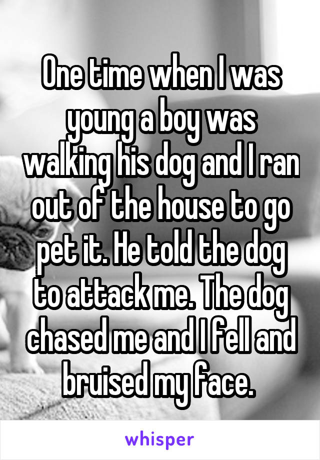 One time when I was young a boy was walking his dog and I ran out of the house to go pet it. He told the dog to attack me. The dog chased me and I fell and bruised my face. 