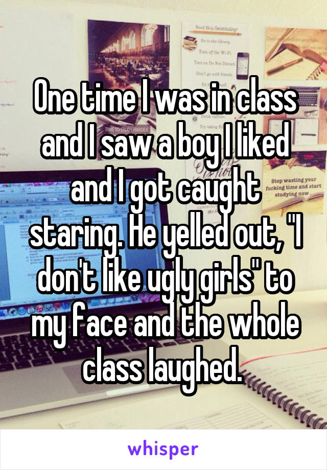 One time I was in class and I saw a boy I liked and I got caught staring. He yelled out, "I don't like ugly girls" to my face and the whole class laughed. 