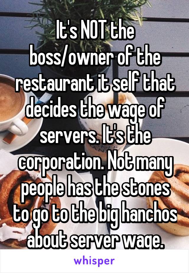 It's NOT the boss/owner of the restaurant it self that decides the wage of servers. It's the corporation. Not many people has the stones to go to the big hanchos about server wage.