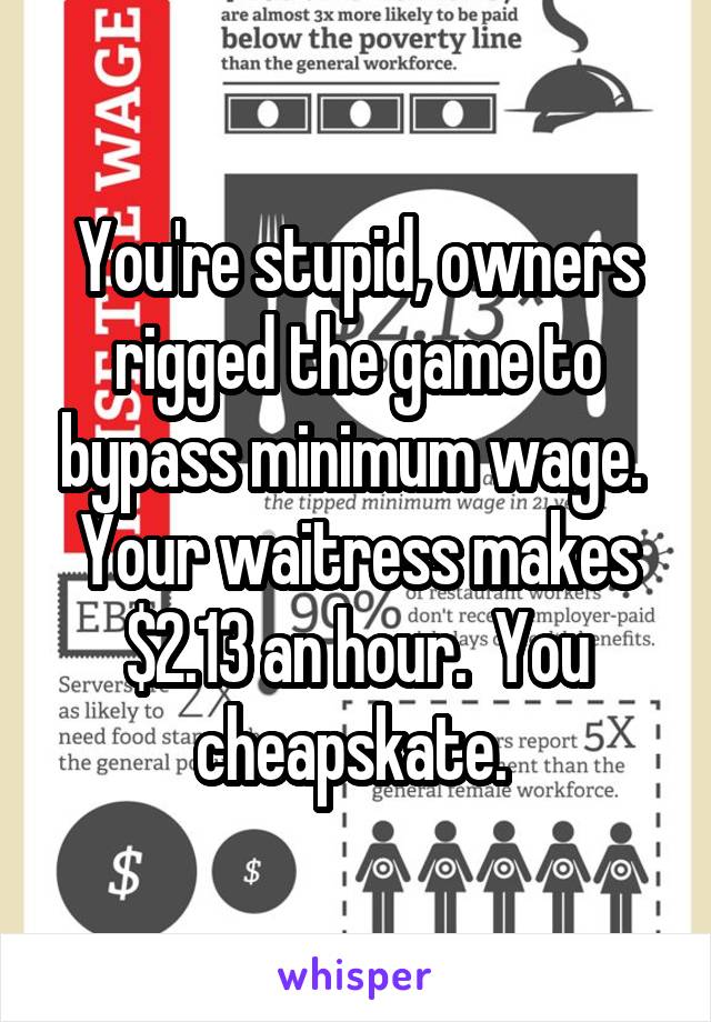 You're stupid, owners rigged the game to bypass minimum wage. 
Your waitress makes $2.13 an hour.  You cheapskate. 