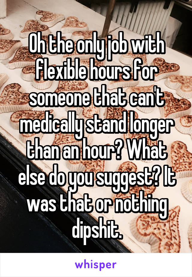 Oh the only job with flexible hours for someone that can't medically stand longer than an hour? What else do you suggest? It was that or nothing dipshit.