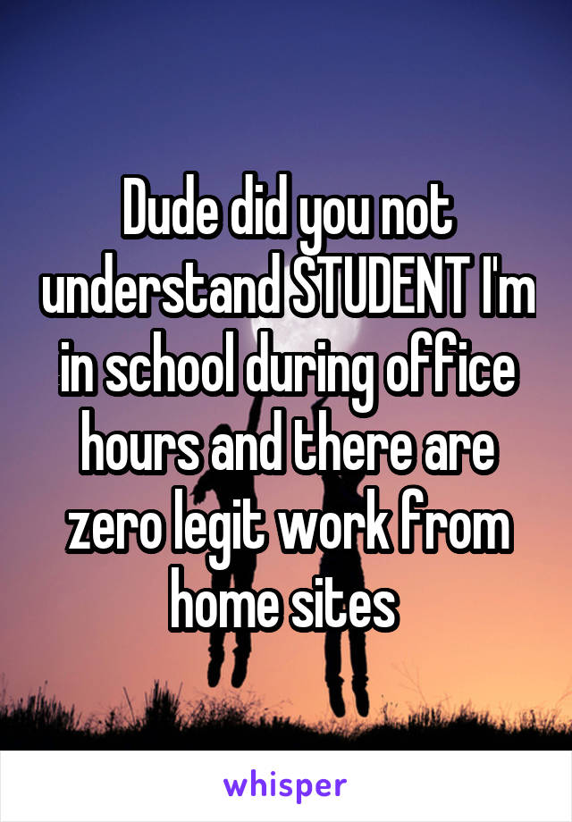 Dude did you not understand STUDENT I'm in school during office hours and there are zero legit work from home sites 