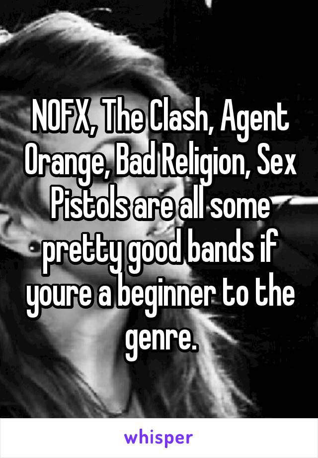 NOFX, The Clash, Agent Orange, Bad Religion, Sex Pistols are all some pretty good bands if youre a beginner to the genre.