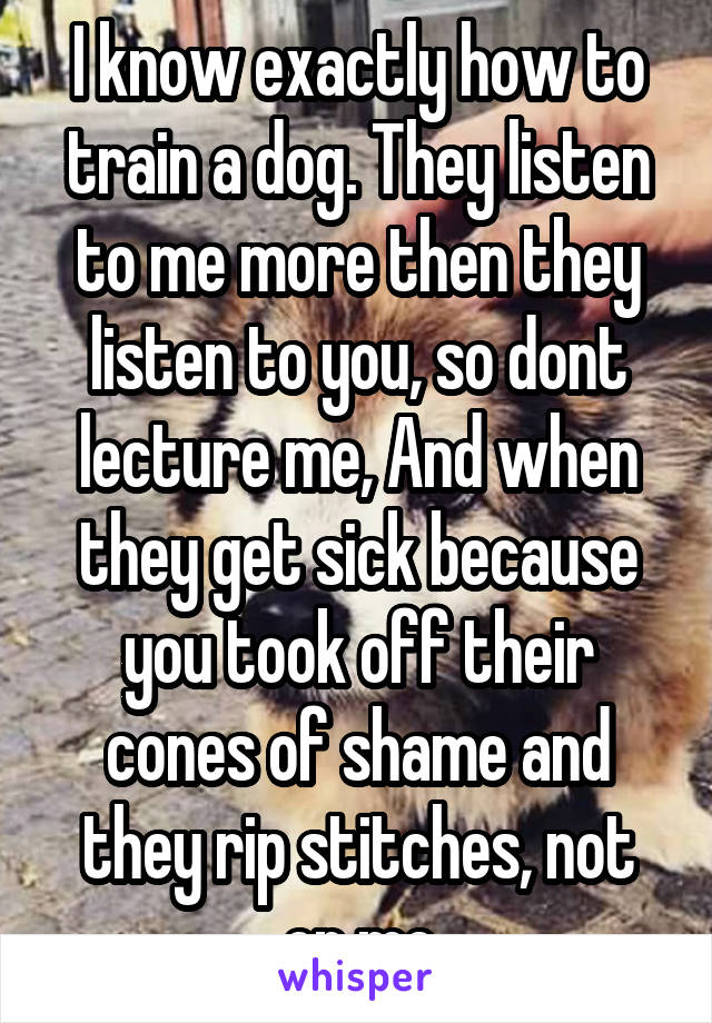 I know exactly how to train a dog. They listen to me more then they listen to you, so dont lecture me, And when they get sick because you took off their cones of shame and they rip stitches, not on me