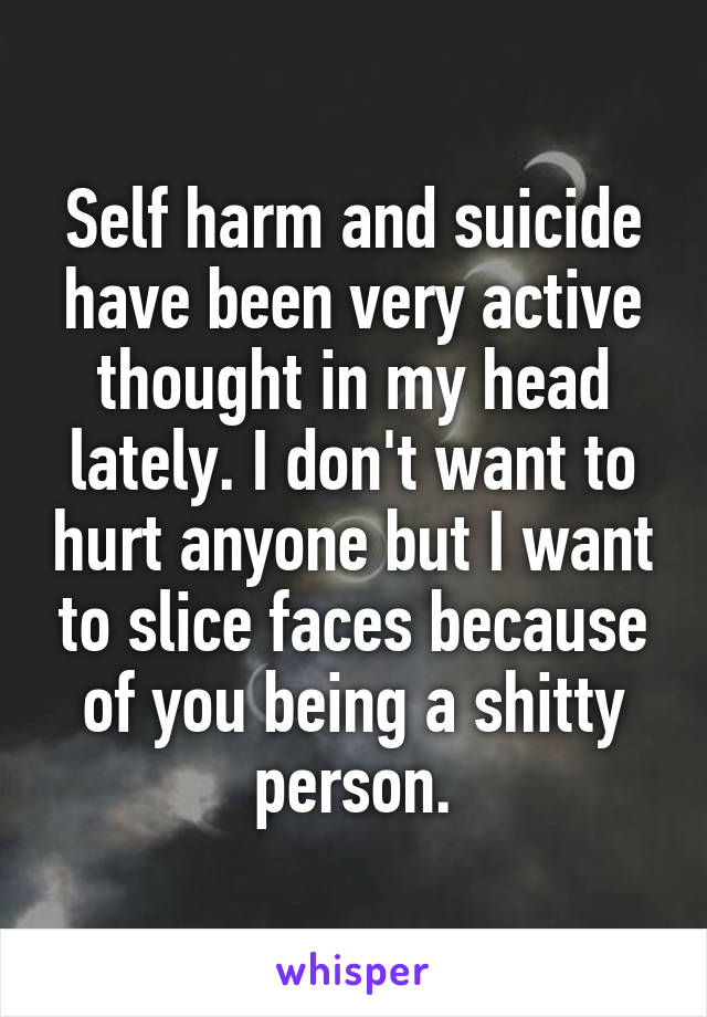 Self harm and suicide have been very active thought in my head lately. I don't want to hurt anyone but I want to slice faces because of you being a shitty person.