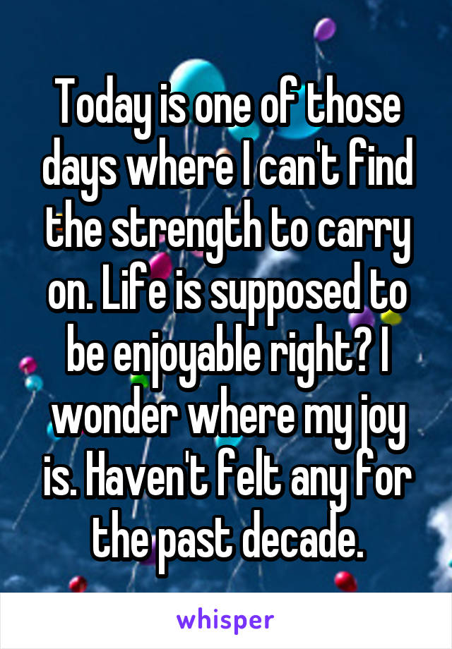 Today is one of those days where I can't find the strength to carry on. Life is supposed to be enjoyable right? I wonder where my joy is. Haven't felt any for the past decade.