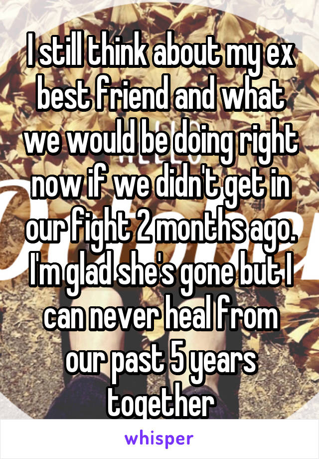 I still think about my ex best friend and what we would be doing right now if we didn't get in our fight 2 months ago. I'm glad she's gone but I can never heal from our past 5 years together