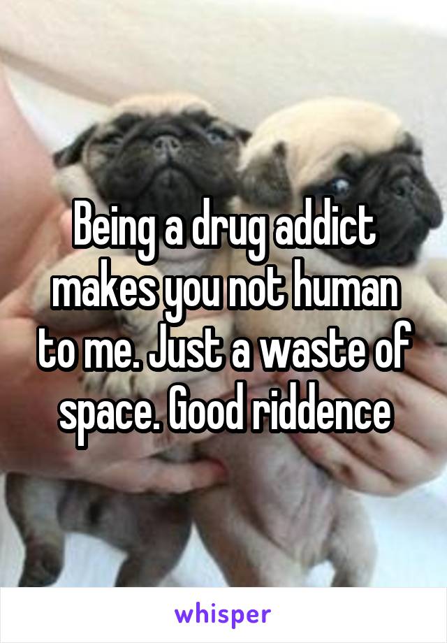 Being a drug addict makes you not human to me. Just a waste of space. Good riddence