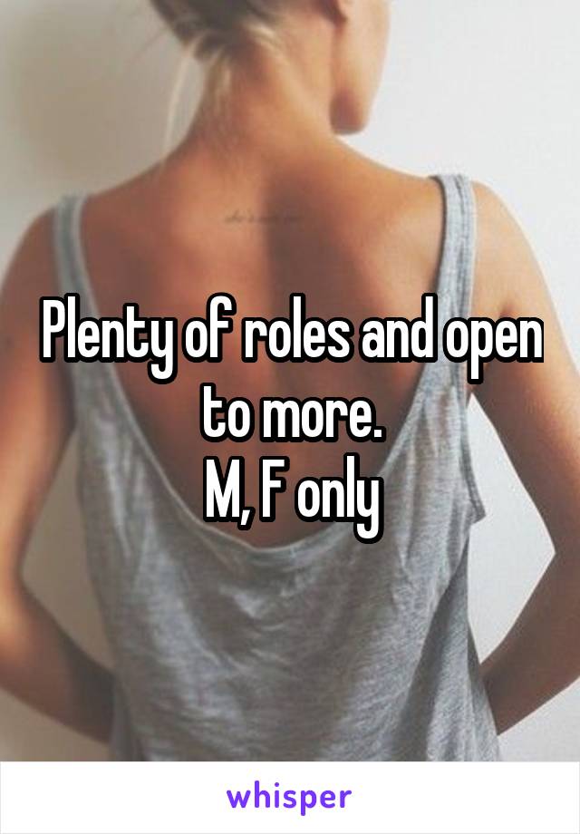 Plenty of roles and open to more.
M, F only