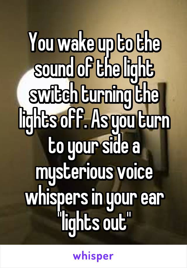 You wake up to the sound of the light switch turning the lights off. As you turn to your side a mysterious voice whispers in your ear "lights out"