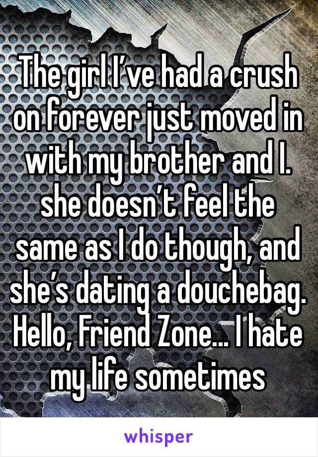 The girl I’ve had a crush on forever just moved in with my brother and I. she doesn’t feel the same as I do though, and she’s dating a douchebag.  Hello, Friend Zone... I hate my life sometimes