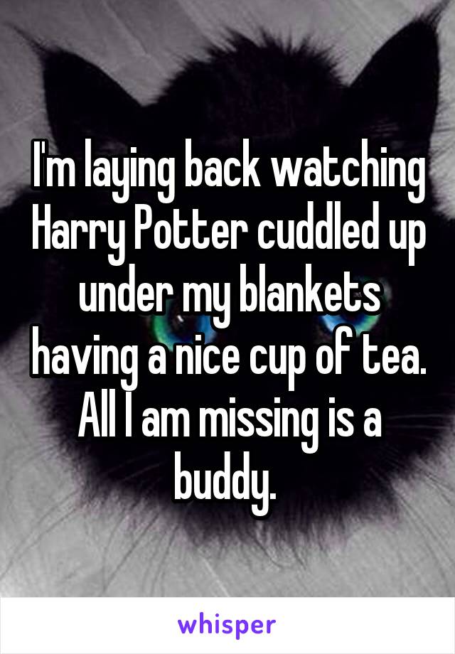 I'm laying back watching Harry Potter cuddled up under my blankets having a nice cup of tea. All I am missing is a buddy. 