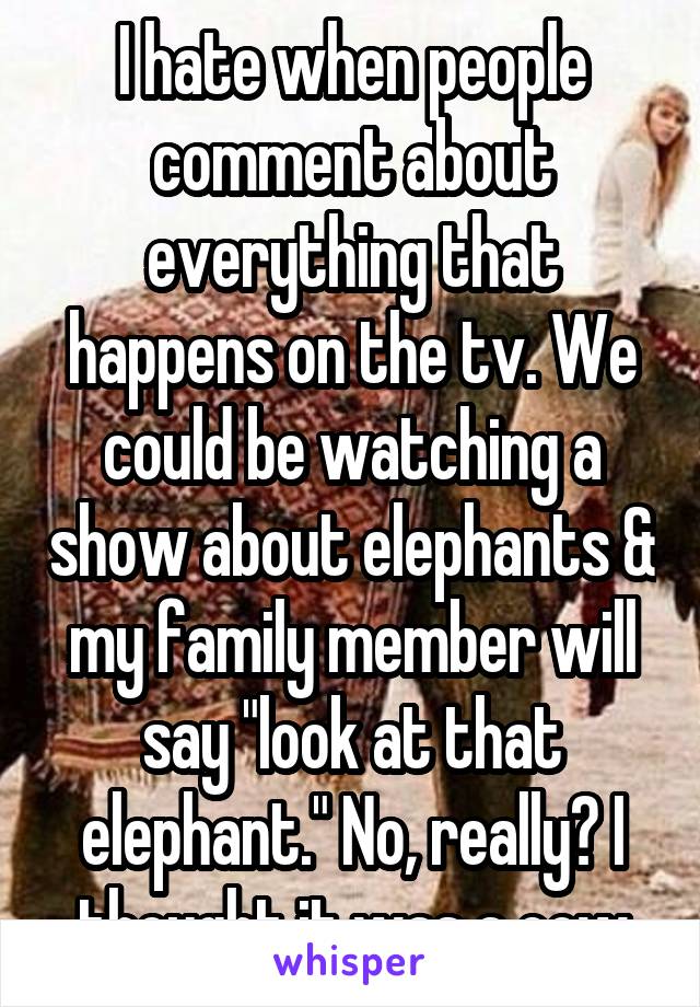 I hate when people comment about everything that happens on the tv. We could be watching a show about elephants & my family member will say "look at that elephant." No, really? I thought it was a cow