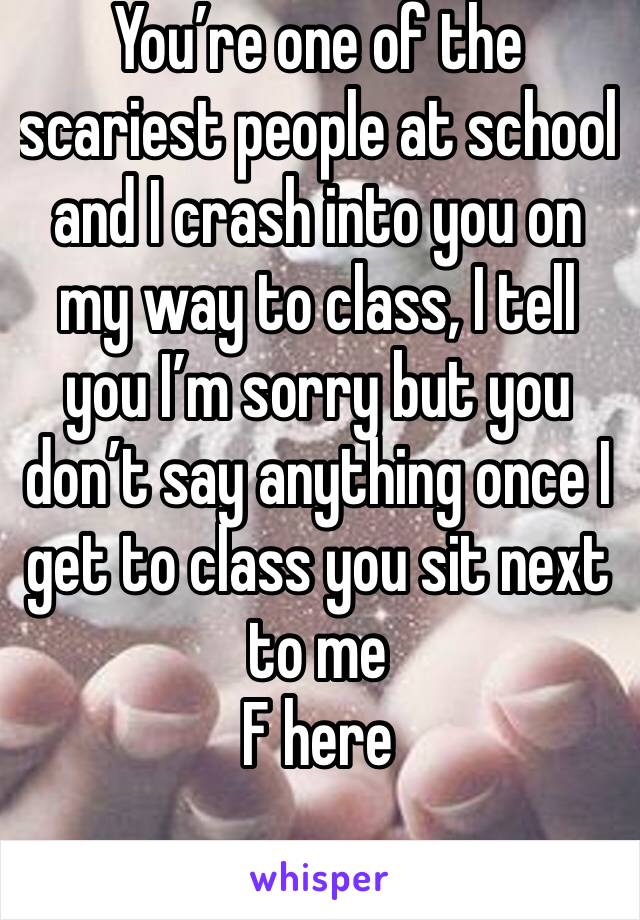 You’re one of the scariest people at school and I crash into you on my way to class, I tell you I’m sorry but you don’t say anything once I get to class you sit next to me 
F here