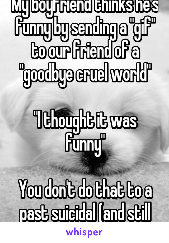 My boyfriend thinks he's funny by sending a "gif" to our friend of a "goodbye cruel world"

"I thought it was funny"

You don't do that to a past suicidal (and still struggling) person...