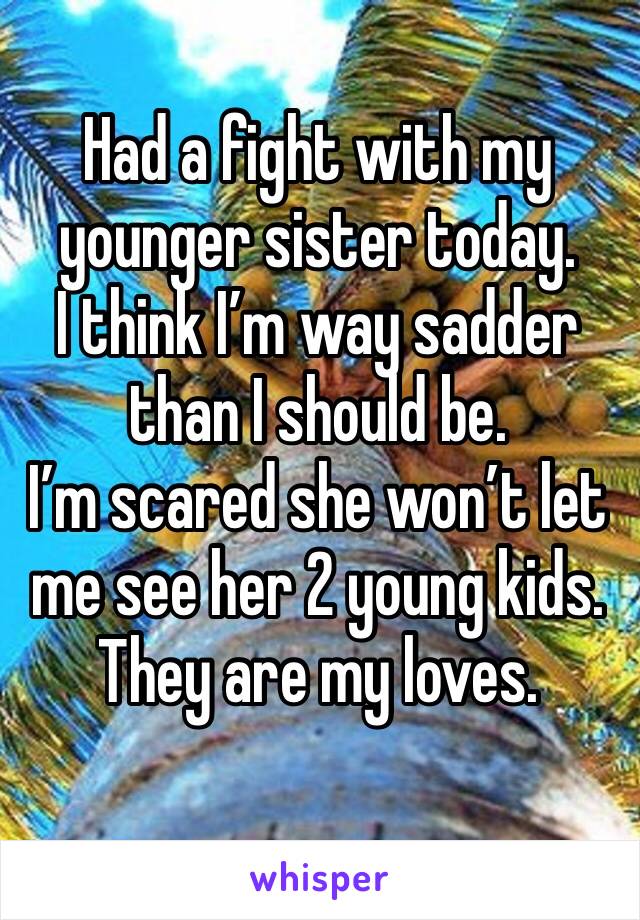 Had a fight with my younger sister today. 
I think I’m way sadder than I should be.
I’m scared she won’t let me see her 2 young kids. 
They are my loves. 