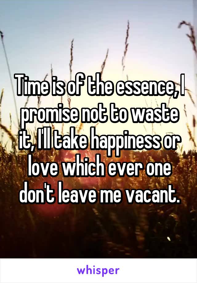 Time is of the essence, I promise not to waste it, I'll take happiness or love which ever one don't leave me vacant.