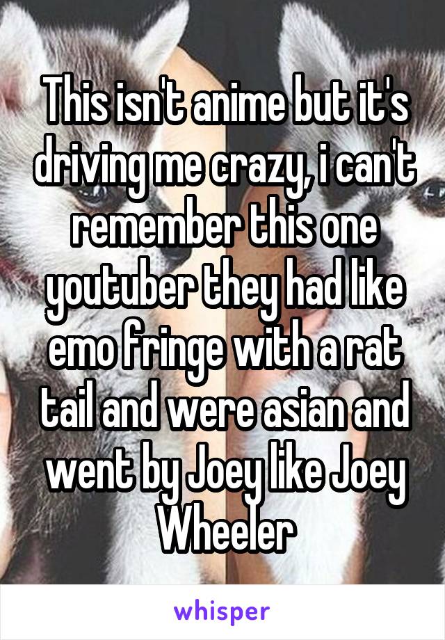 This isn't anime but it's driving me crazy, i can't remember this one youtuber they had like emo fringe with a rat tail and were asian and went by Joey like Joey Wheeler