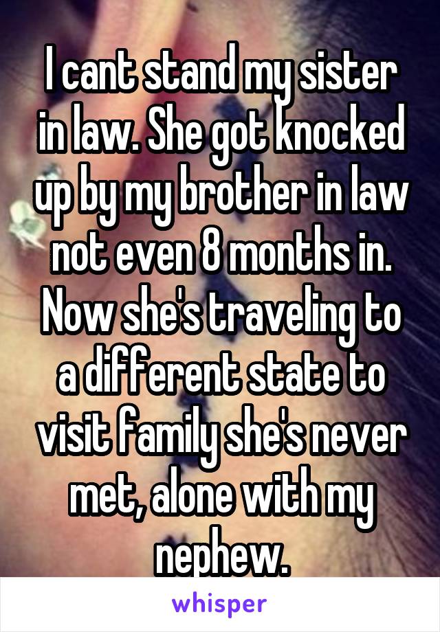 I cant stand my sister in law. She got knocked up by my brother in law not even 8 months in. Now she's traveling to a different state to visit family she's never met, alone with my nephew.