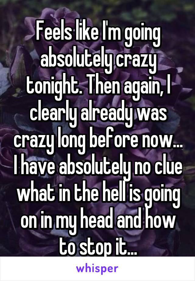 Feels like I'm going absolutely crazy tonight. Then again, I clearly already was crazy long before now... I have absolutely no clue what in the hell is going on in my head and how to stop it...