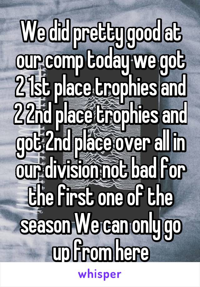 We did pretty good at our comp today we got 2 1st place trophies and 2 2nd place trophies and got 2nd place over all in our division not bad for the first one of the season We can only go up from here