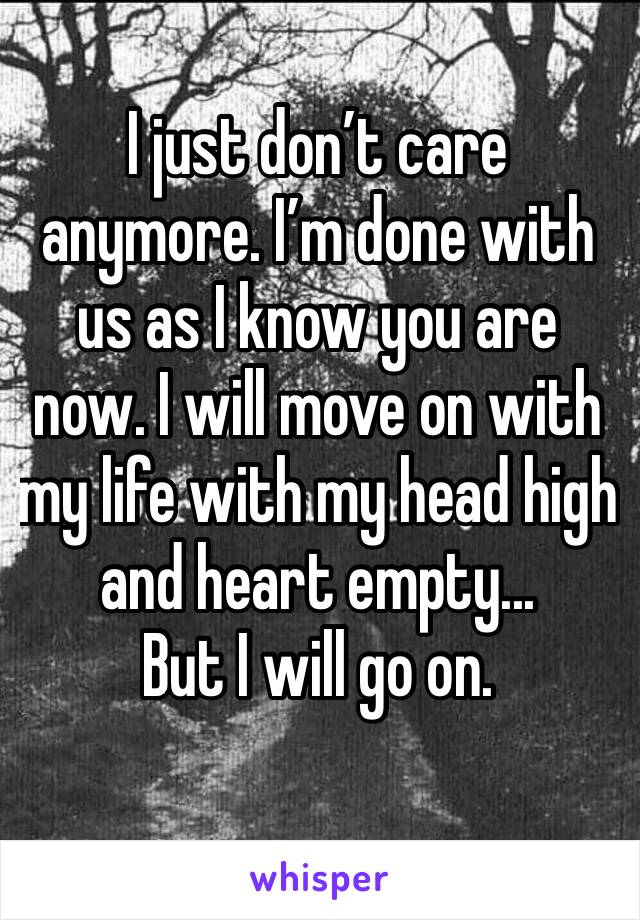 I just don’t care anymore. I’m done with us as I know you are now. I will move on with my life with my head high and heart empty... 
But I will go on.