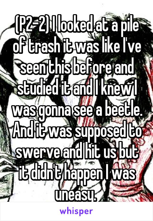 (P2-2) I looked at a pile of trash it was like I've seen this before and studied it and I knew I was gonna see a beetle. And it was supposed to swerve and hit us but it didn't happen I was uneasy. 