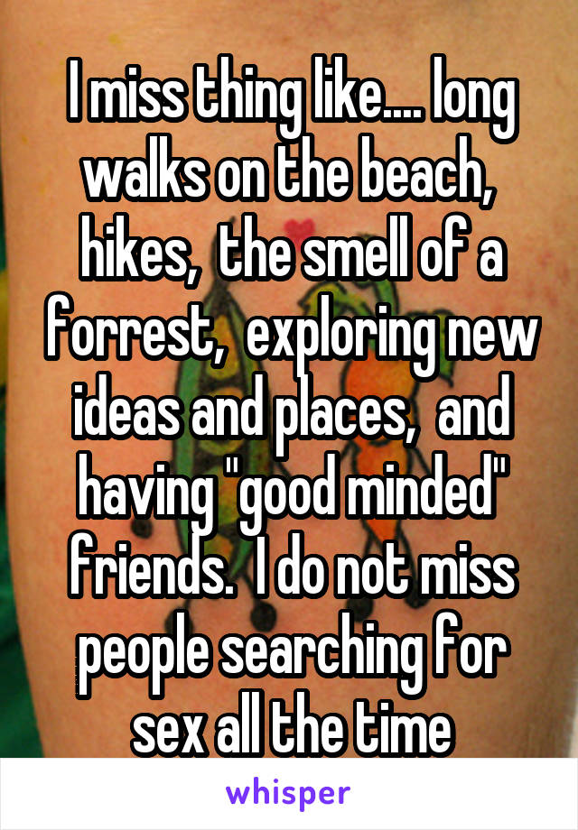 I miss thing like.... long walks on the beach,  hikes,  the smell of a forrest,  exploring new ideas and places,  and having "good minded" friends.  I do not miss people searching for sex all the time