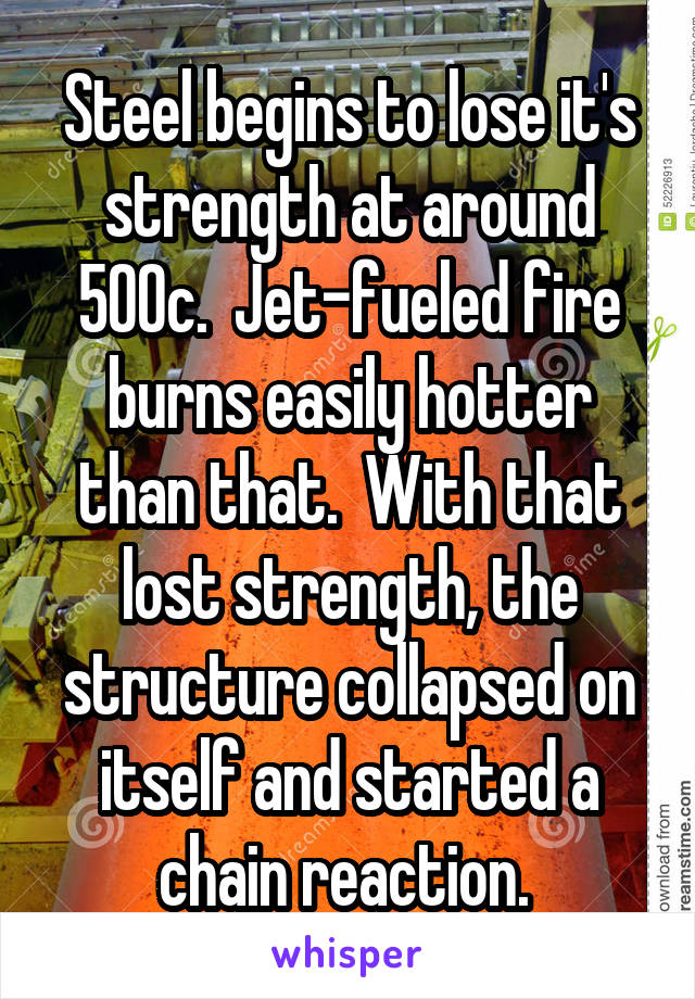 Steel begins to lose it's strength at around 500c.  Jet-fueled fire burns easily hotter than that.  With that lost strength, the structure collapsed on itself and started a chain reaction. 