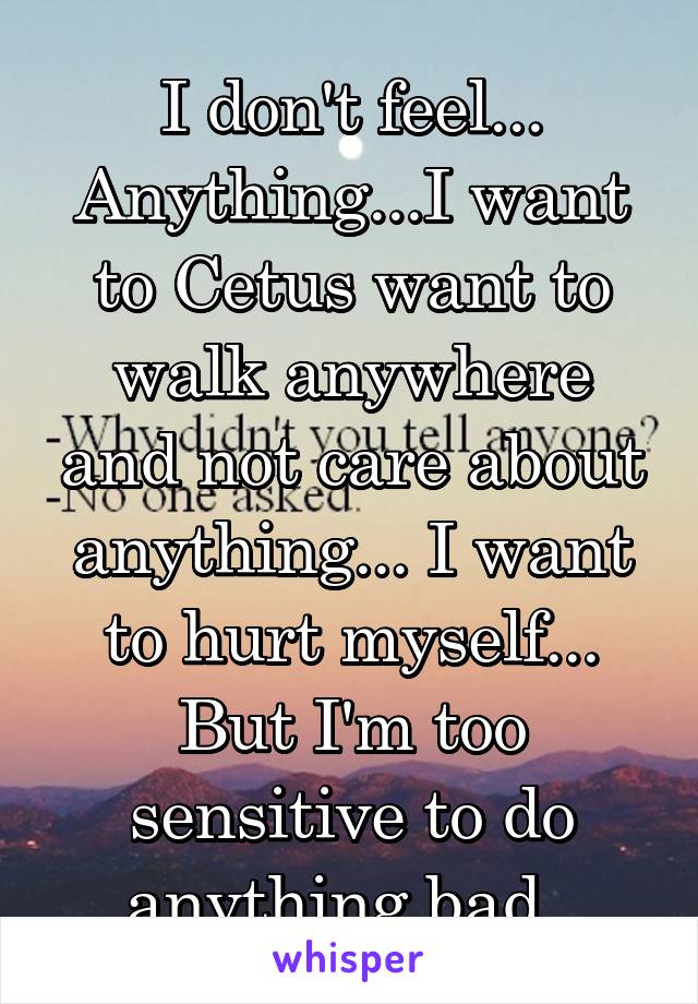 I don't feel... Anything...I want to Cetus want to walk anywhere and not care about anything... I want to hurt myself... But I'm too sensitive to do anything bad..