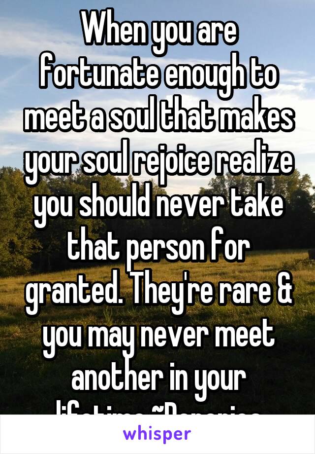 When you are fortunate enough to meet a soul that makes your soul rejoice realize you should never take that person for granted. They're rare & you may never meet another in your lifetime.~Donerica