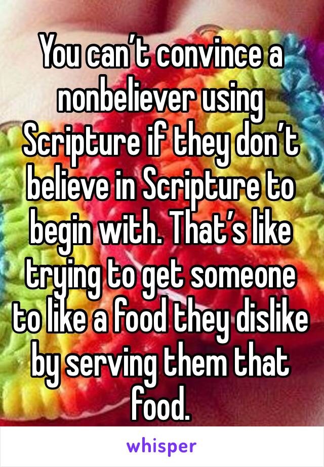 You can’t convince a nonbeliever using Scripture if they don’t believe in Scripture to begin with. That’s like trying to get someone to like a food they dislike by serving them that food.