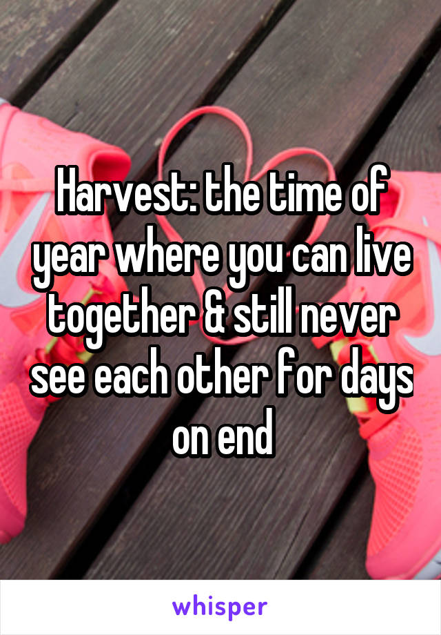 Harvest: the time of year where you can live together & still never see each other for days on end