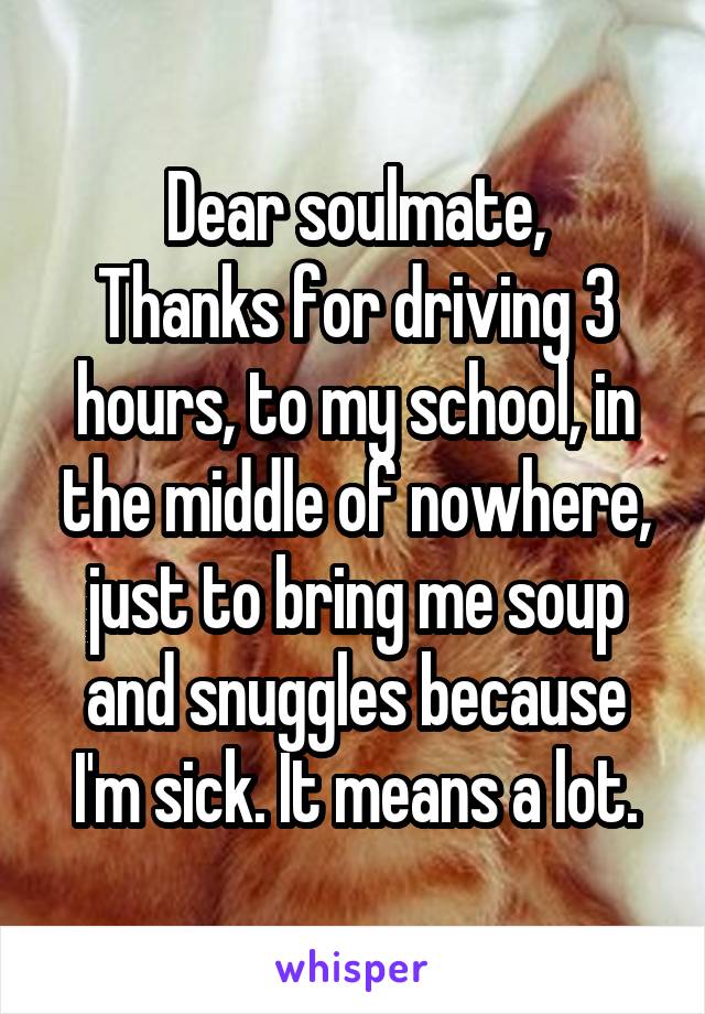 Dear soulmate,
Thanks for driving 3 hours, to my school, in the middle of nowhere, just to bring me soup and snuggles because I'm sick. It means a lot.