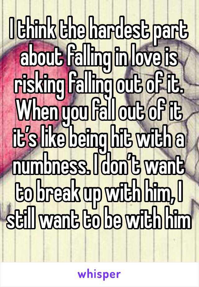 I think the hardest part about falling in love is risking falling out of it. When you fall out of it it’s like being hit with a numbness. I don’t want to break up with him, I still want to be with him